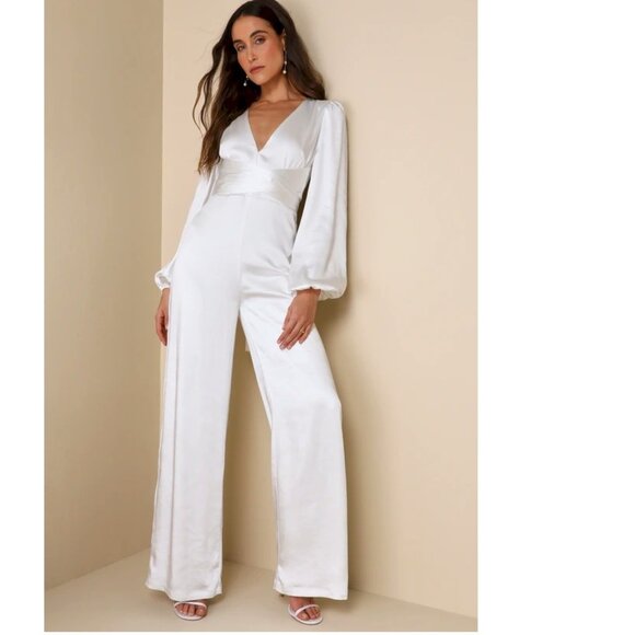 Lulus Sensational Evening White Satin Tie-Front Long Sleeve Jumpsuit Small NWOT - Picture 1 of 5